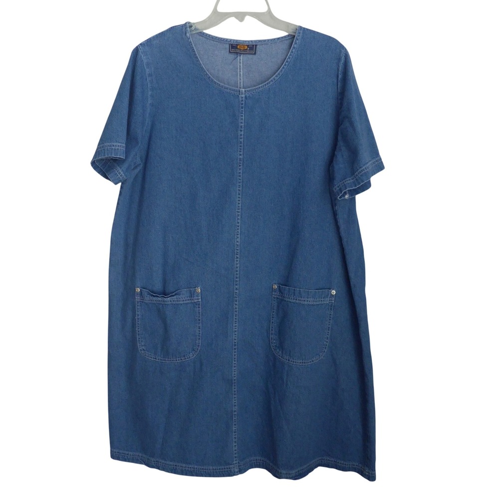Vintage Route 66 Denim Shift Dress Short Sleeve Pockets Plus 20W Modest Casual